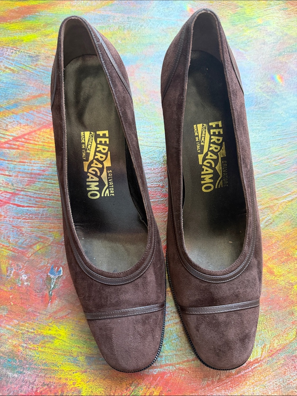 Salvatore Ferragamo Dark Brown Suede Block 3" Heel Pumps Shoes Sz. 8 Italy EUC - Picture 2 of 15